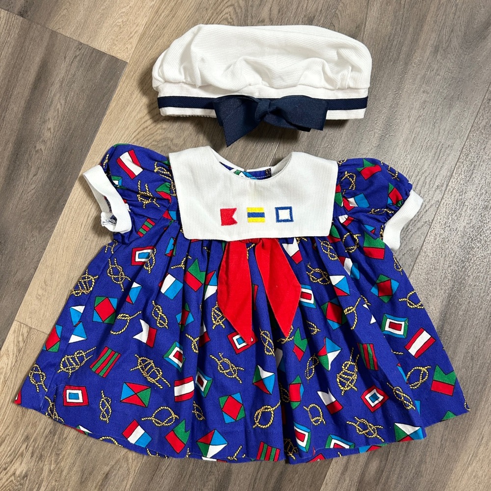 Peaches n Cream Blue Cotton Nautical Flag Print Sailor Dress & Beret Set 0-3 MO